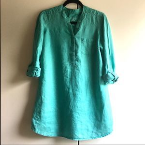 M&S Collection Pure Linen turquoise popover long sleeve tunic dress size medium